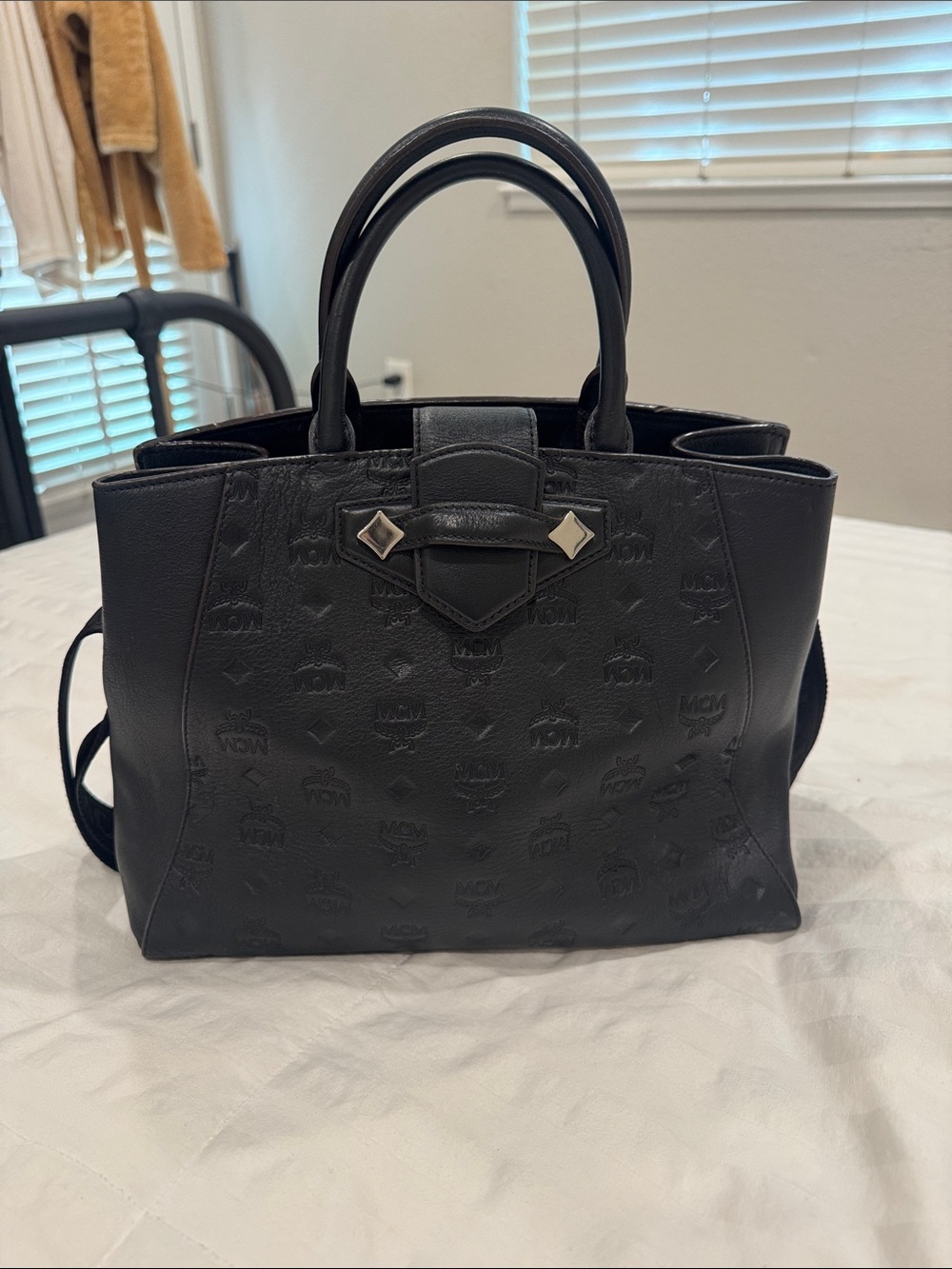 MCM Black Logo Leather Tote with Top Handles and shoulder strap - Picture 3 of 6